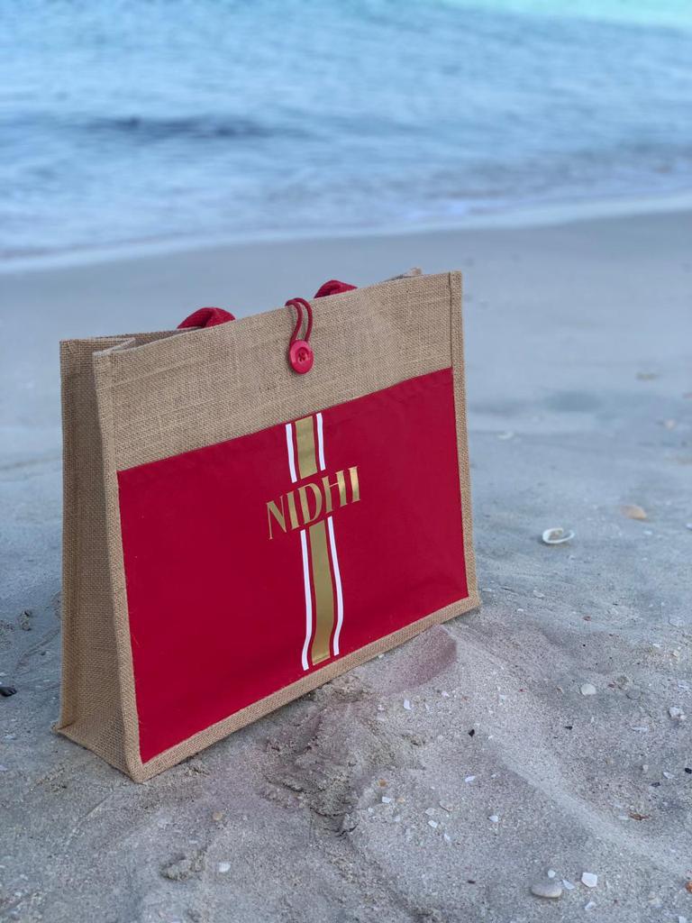 Personalised Jute Bag with Red Canvas Pocket 